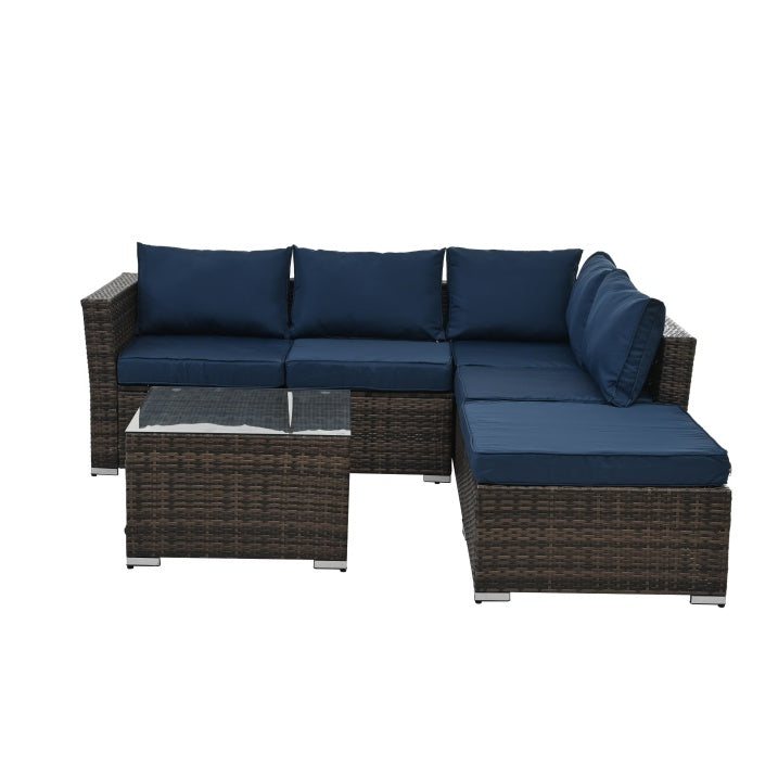 4-Piece Patio Furniture Set – PE Rattan Sofa & Ottoman with Glass Table