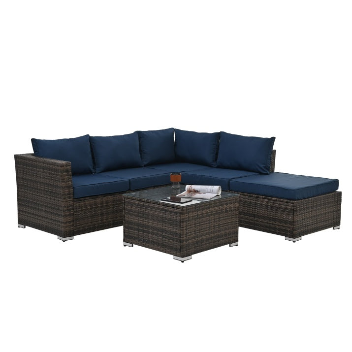 4-Piece Patio Furniture Set – PE Rattan Sofa & Ottoman with Glass Table