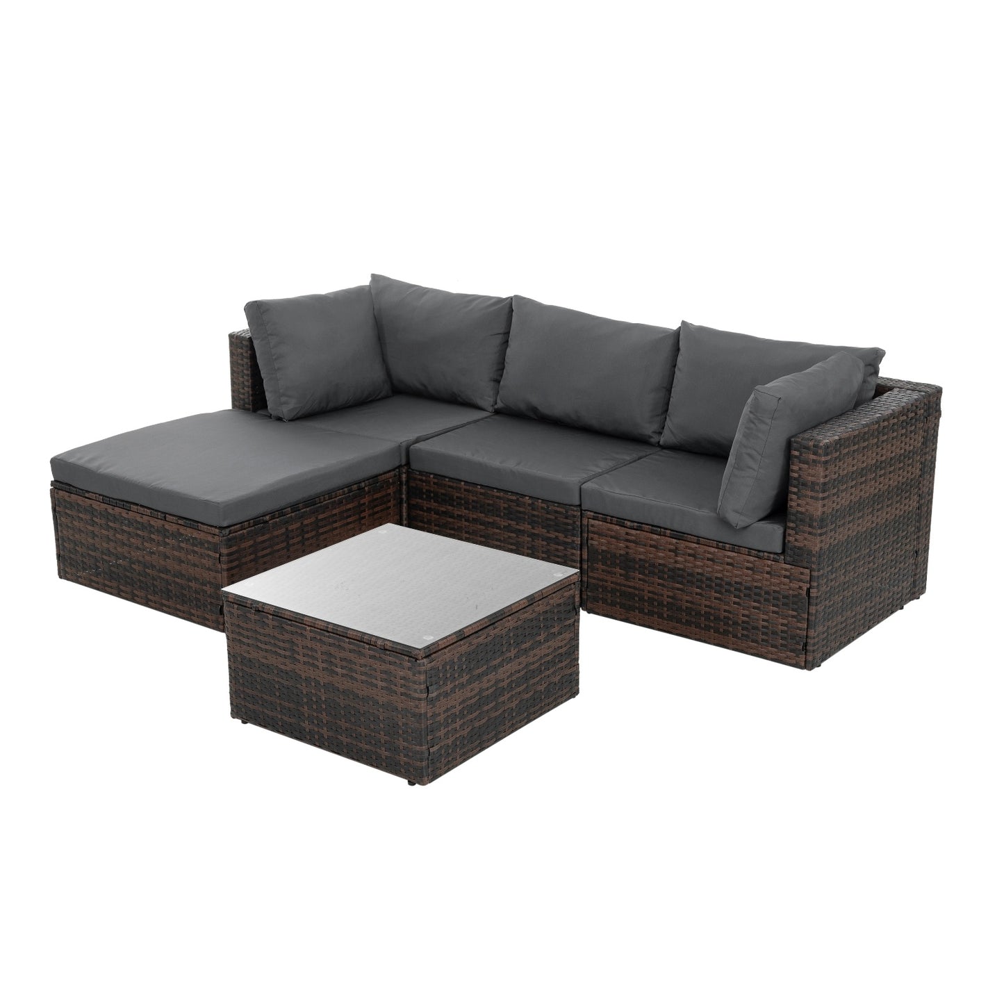 4-Piece Patio Furniture Set – PE Rattan Sofa with Cushions & Glass Table