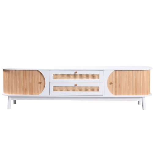 TV Cabinet with Rattan Drawers – White & Wood Media Console for 50–59” TVs
