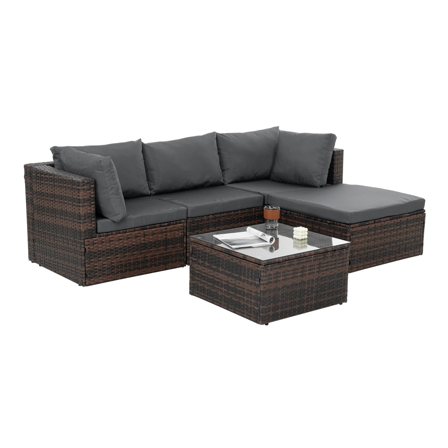 4-Piece Patio Furniture Set – PE Rattan Sofa with Cushions & Glass Table