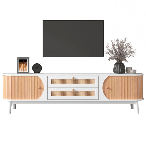 TV Cabinet with Rattan Drawers – White & Wood Media Console for 50–59” TVs