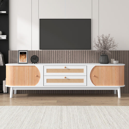 TV Cabinet with Rattan Drawers – White & Wood Media Console for 50–59” TVs