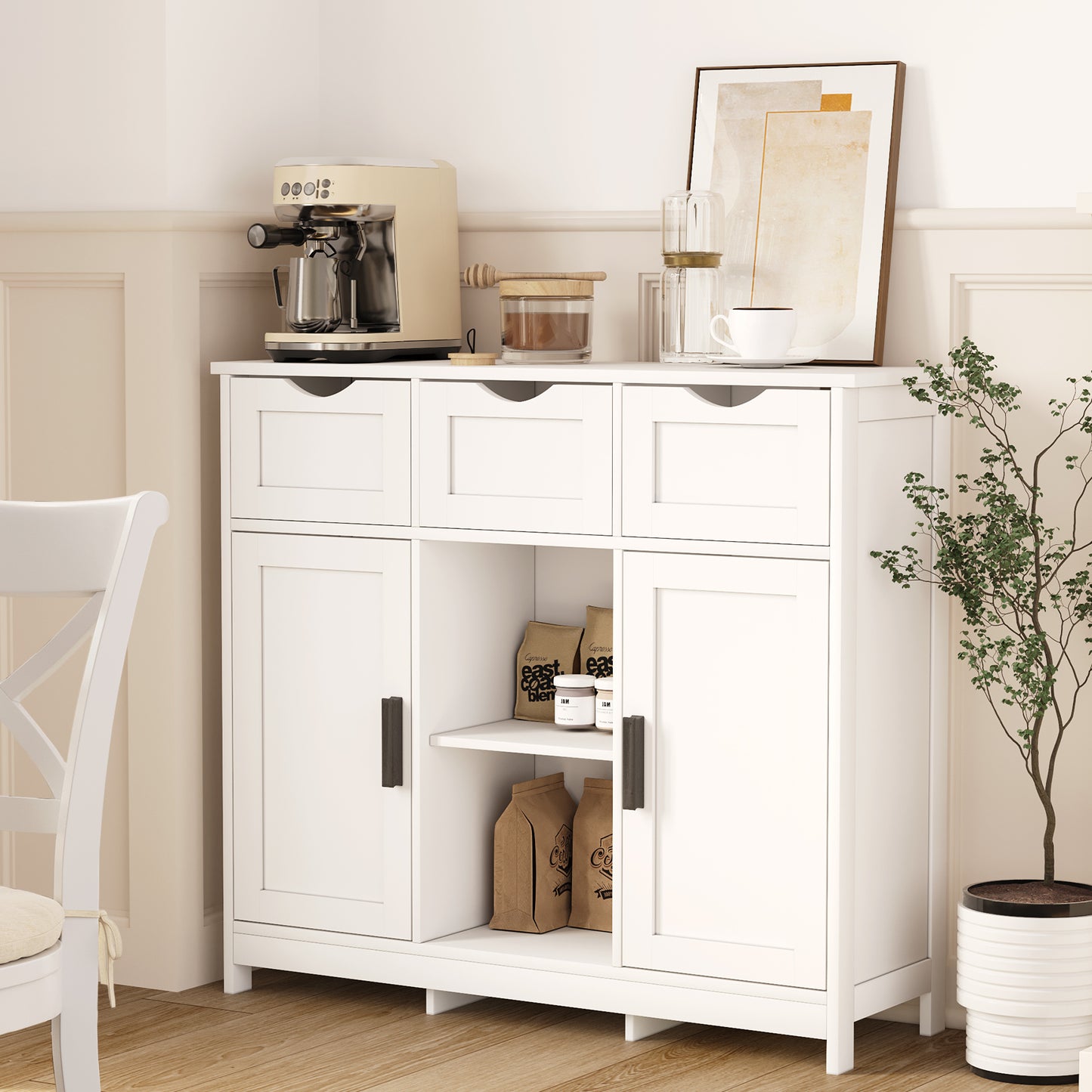 White Storage Cabinet – 2-Door Buffet or Coffee Bar (35.4”W)
