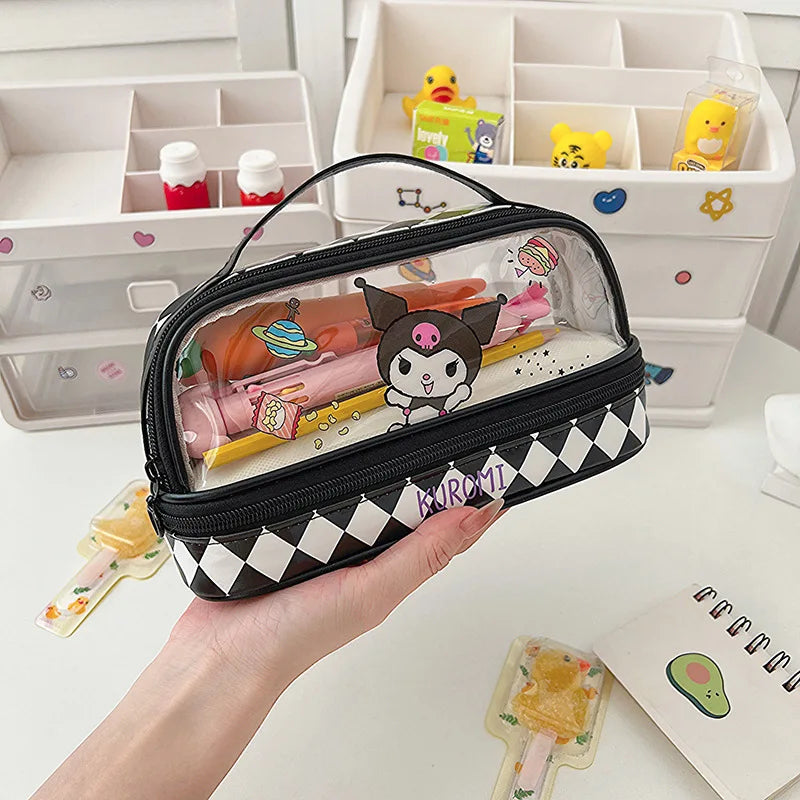 Kawaii Double-Layer Transparent Pencil Case – Large Capacity