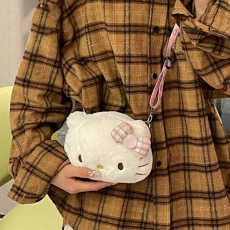 Plush Cartoon Cat Bow Crossbody Bag – Kawaii White Shoulder Purse