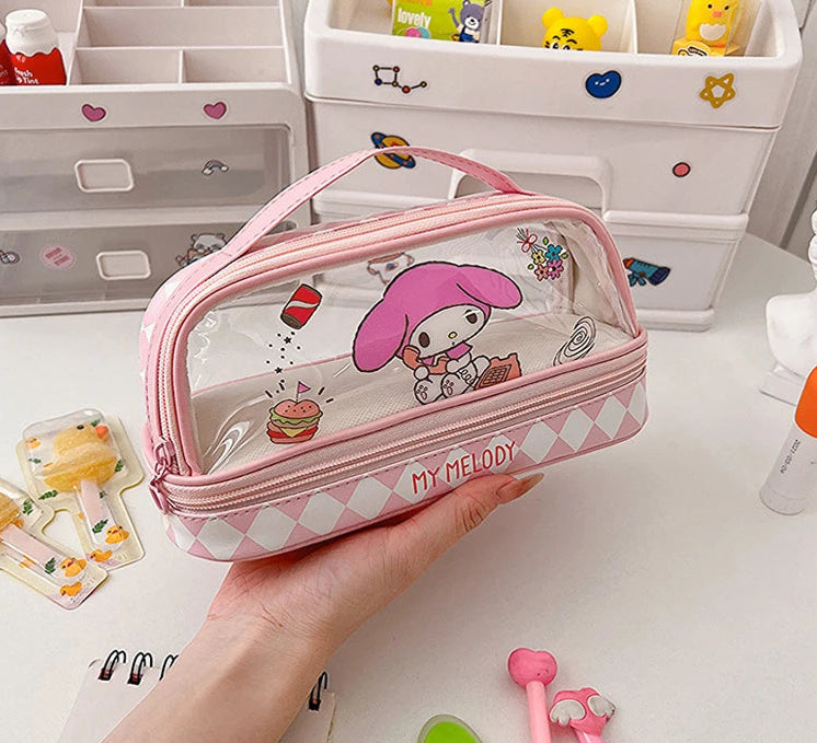 Kawaii Double-Layer Transparent Pencil Case – Large Capacity
