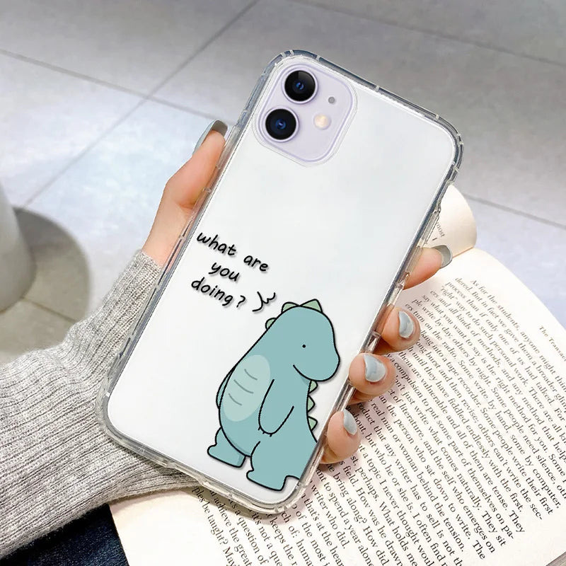Cute Dinosaur Couple Phone Case – Clear Silicone Cover for iPhone 15 & 16