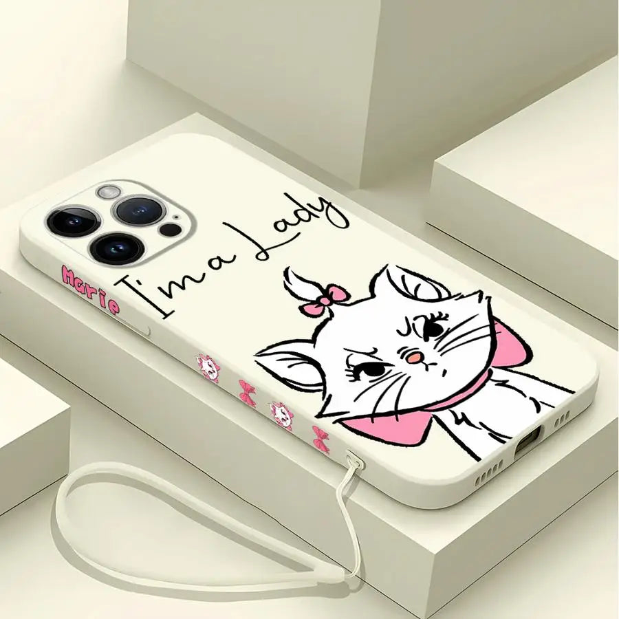 Pink Cartoon Cat Phone Case – Liquid Silicone Cover with Lanyard for iPhone 15 & 16