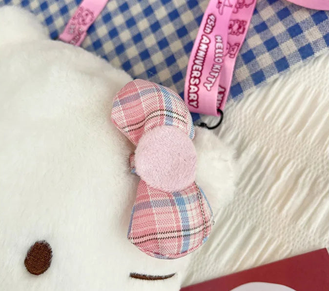 Plush Cartoon Cat Bow Crossbody Bag – Kawaii White Shoulder Purse