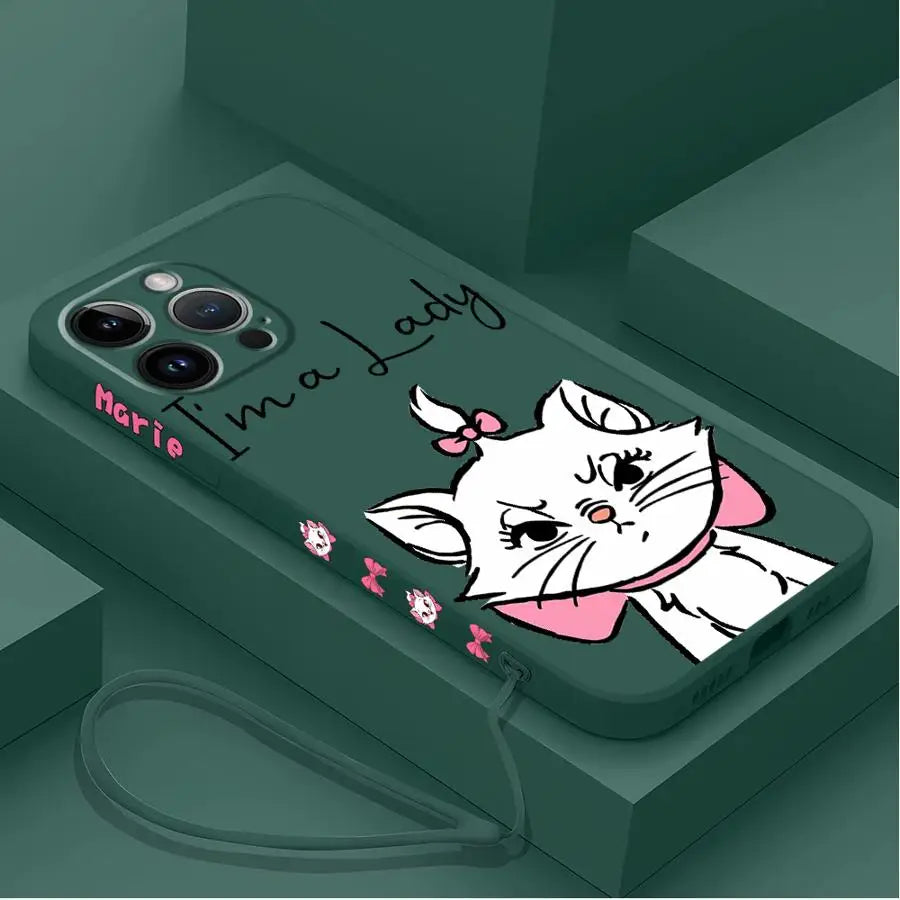 Pink Cartoon Cat Phone Case – Liquid Silicone Cover with Lanyard for iPhone 15 & 16