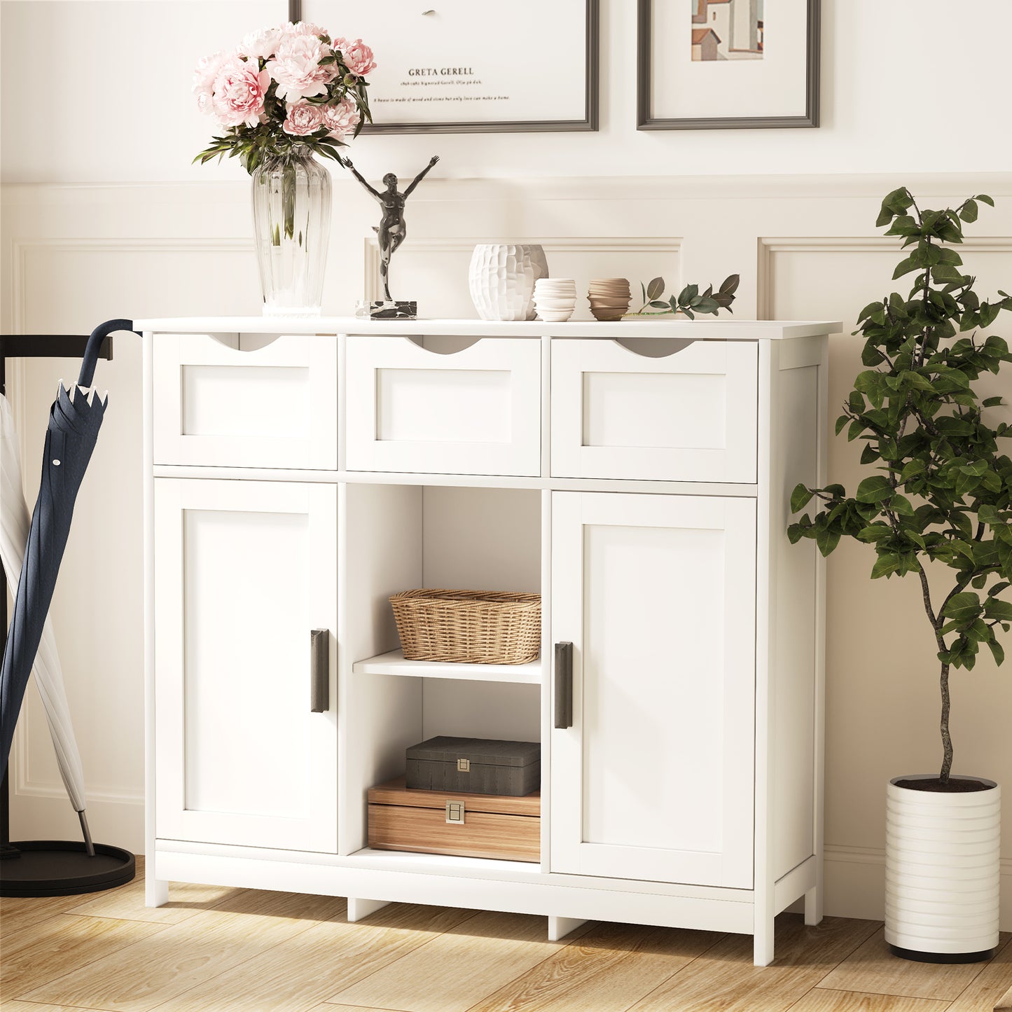 White Storage Cabinet – 2-Door Buffet or Coffee Bar (35.4”W)