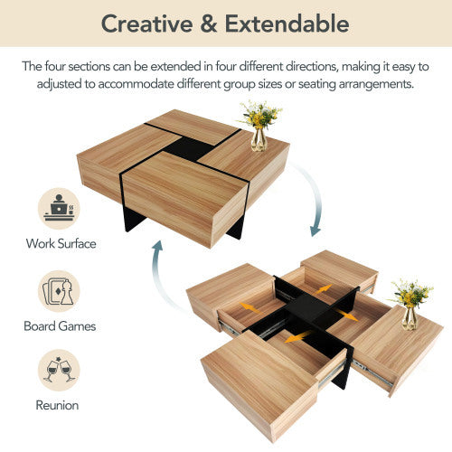 Coffee Table with Hidden Storage – 31.5 in Square Puzzle Design with Sliding Top (Brown)