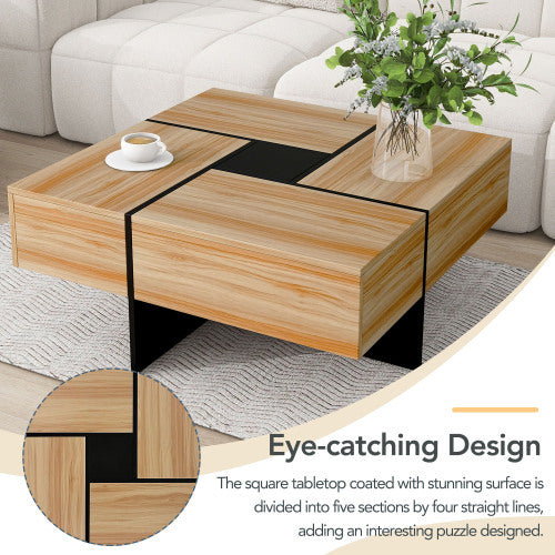 Coffee Table with Hidden Storage – 31.5 in Square Puzzle Design with Sliding Top (Brown)