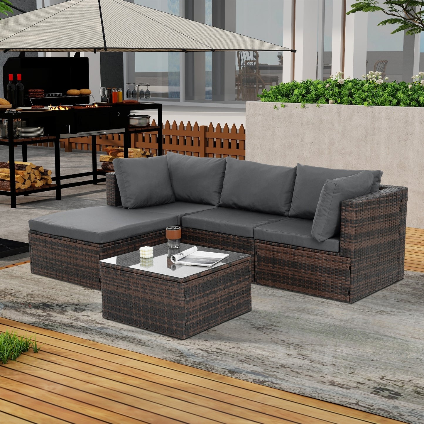 4-Piece Patio Furniture Set – PE Rattan Sofa with Cushions & Glass Table