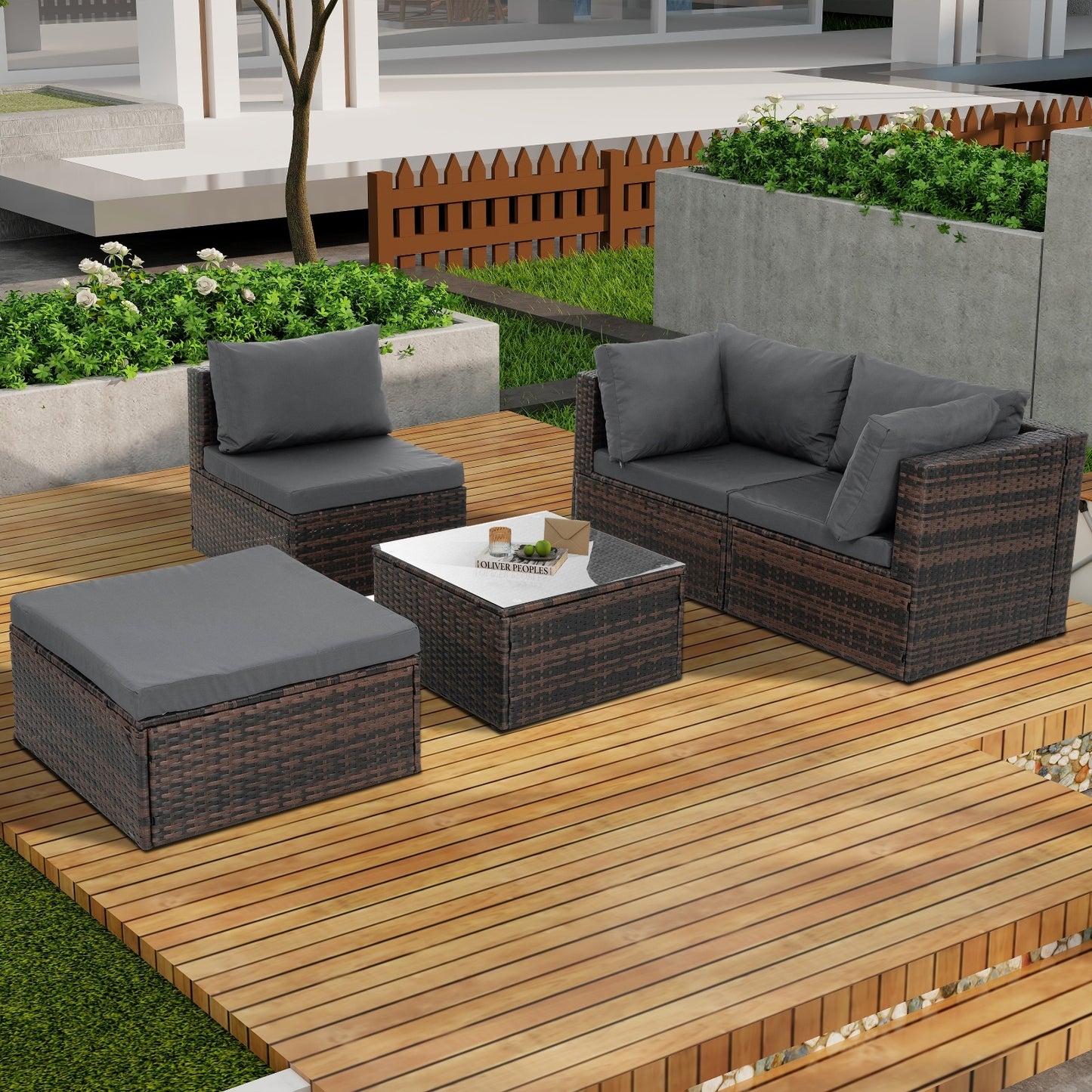 4-Piece Patio Furniture Set – PE Rattan Sofa with Cushions & Glass Table
