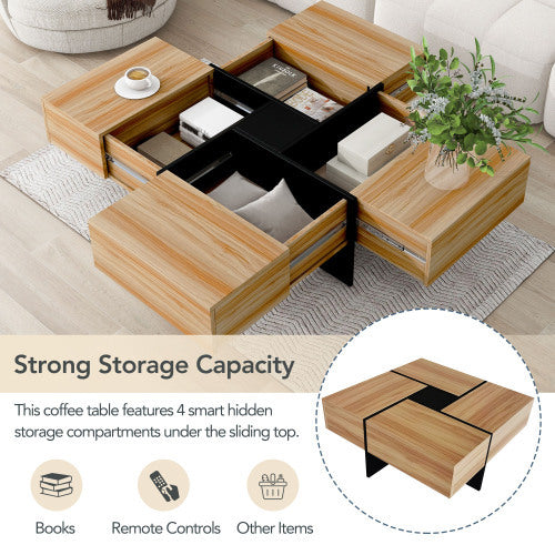 Coffee Table with Hidden Storage – 31.5 in Square Puzzle Design with Sliding Top (Brown)