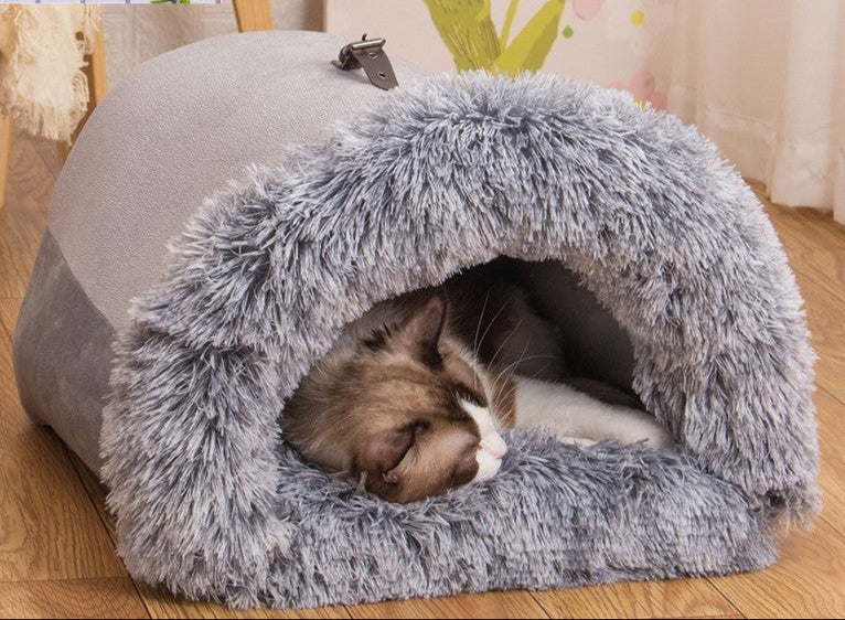 Plush Pet Bed – Cozy Covered Cat & Small Dog House (2 Sizes)
