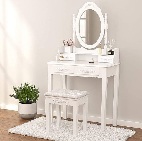 Vanity Table Set with Stool – 4 Drawers & 360° Rotating Mirror