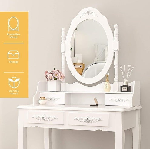 Vanity Table Set with Stool – 4 Drawers & 360° Rotating Mirror