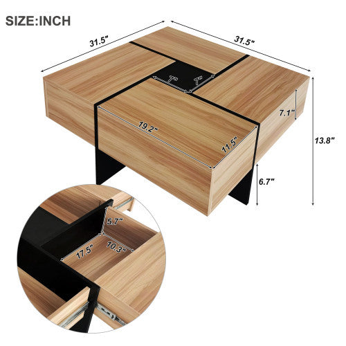 Coffee Table with Hidden Storage – 31.5 in Square Puzzle Design with Sliding Top (Brown)