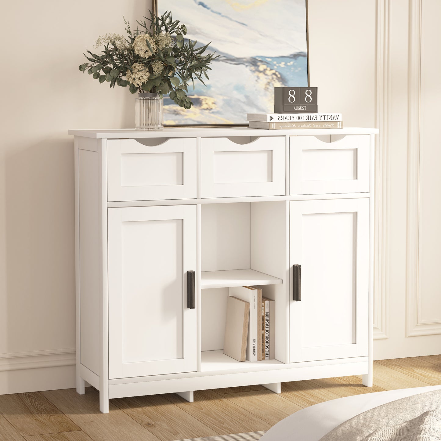 White Storage Cabinet – 2-Door Buffet or Coffee Bar (35.4”W)