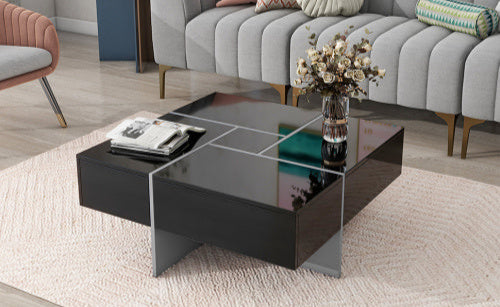 Modern Coffee Table – 4 Hidden Storage Drawers & Sliding Top (31.5” Square)
