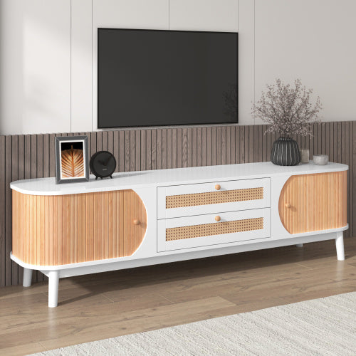 TV Cabinet with Rattan Drawers – White & Wood Media Console for 50–59” TVs