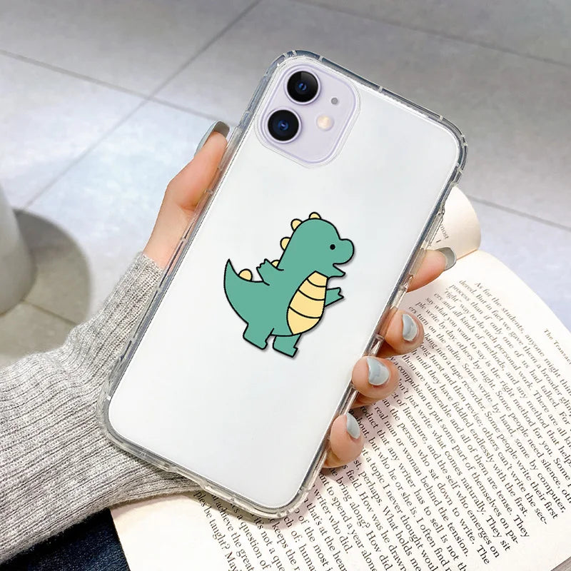 Cute Dinosaur Couple Phone Case – Clear Silicone Cover for iPhone 15 & 16