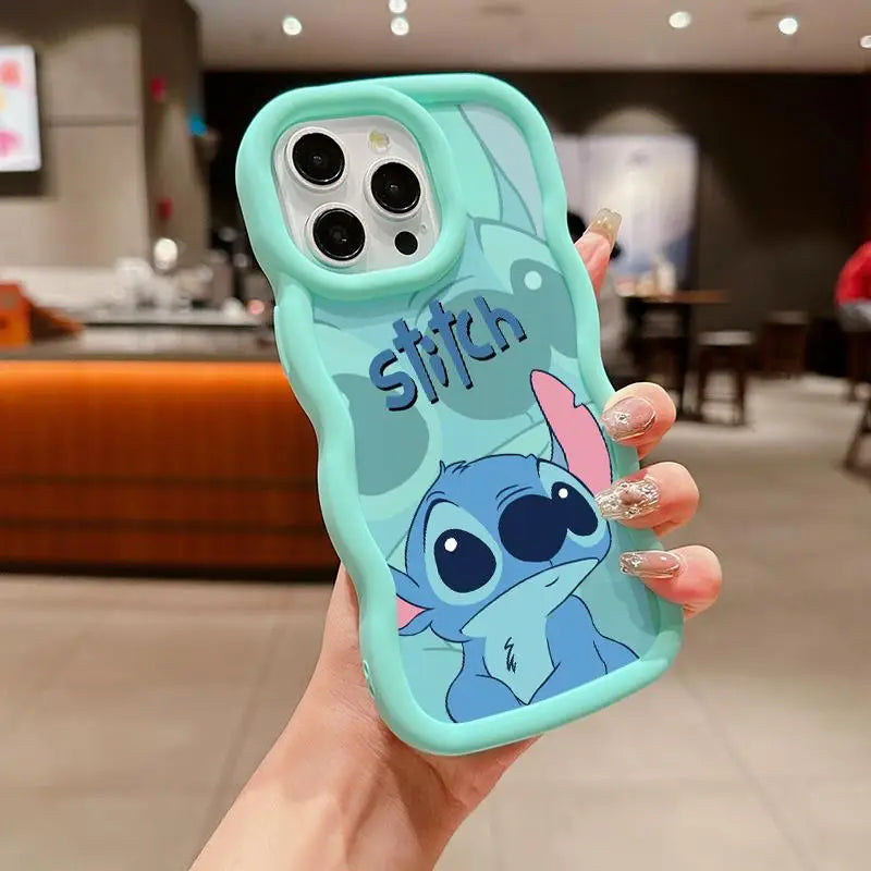 Wavy Edge Couple Case – Cute Blue Cartoon Silicone Cover for iPhone 15 & 16 Series
