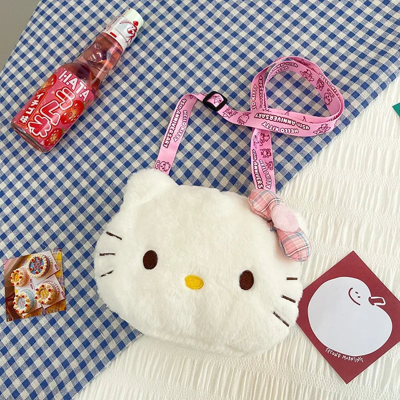 Plush Cartoon Cat Bow Crossbody Bag – Kawaii White Shoulder Purse