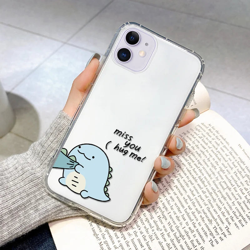 Cute Dinosaur Couple Phone Case – Clear Silicone Cover for iPhone 15 & 16