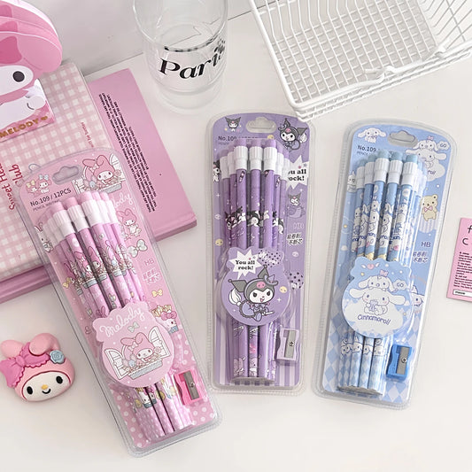 12-Piece Kawaii Cartoon Pencil & Case Set – Cute Stationery Gift Box