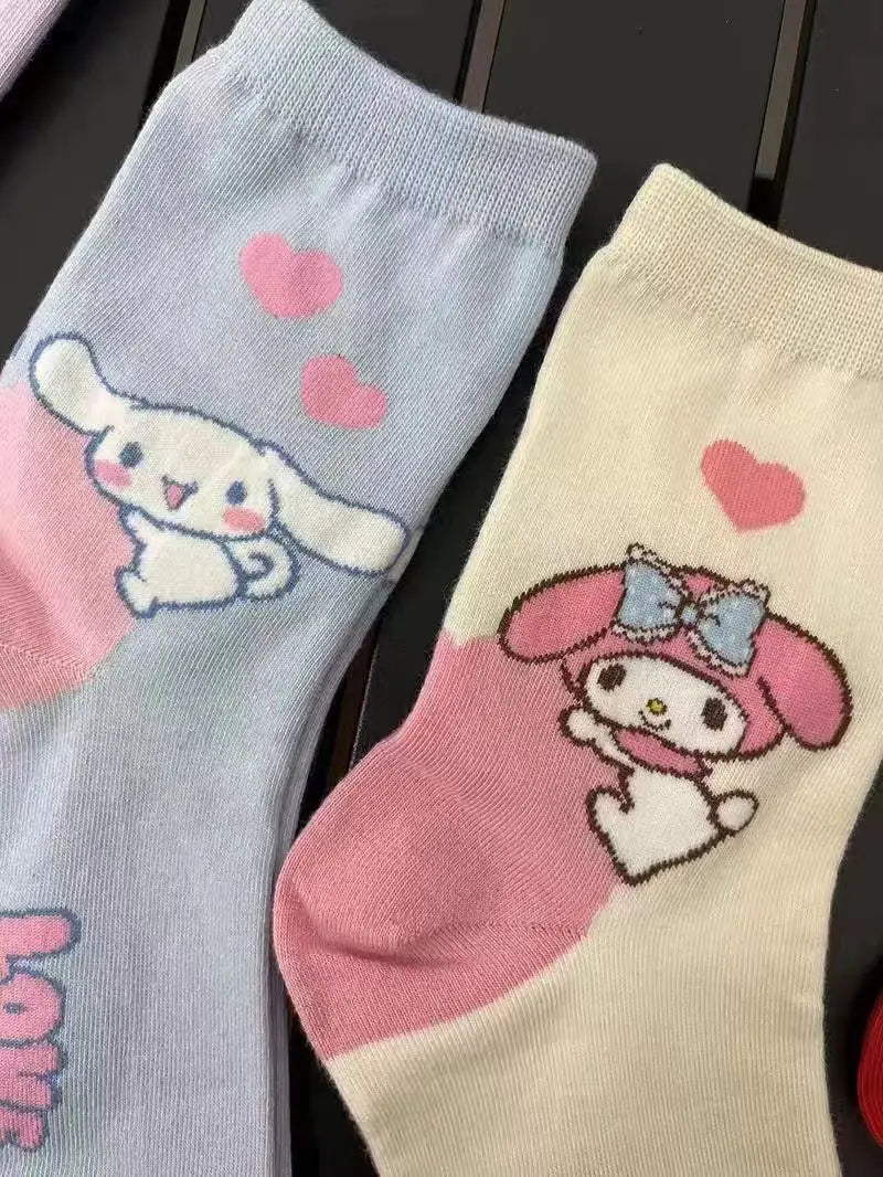 6-Piece Kawaii Cartoon Mid-Tube Socks Set – Soft Cotton Style for Girls