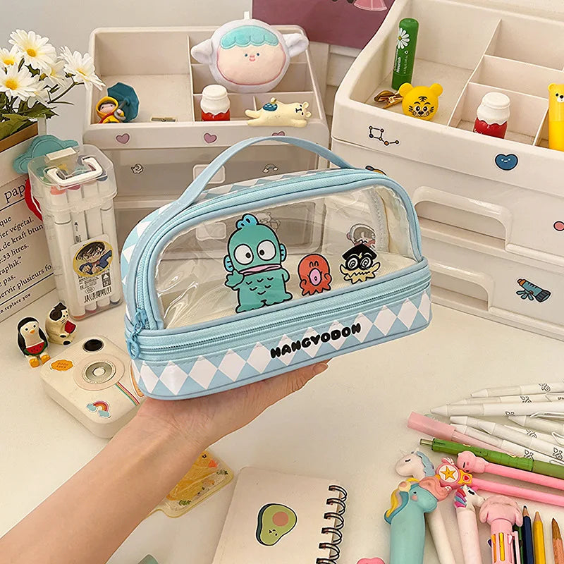 Kawaii Double-Layer Transparent Pencil Case – Large Capacity