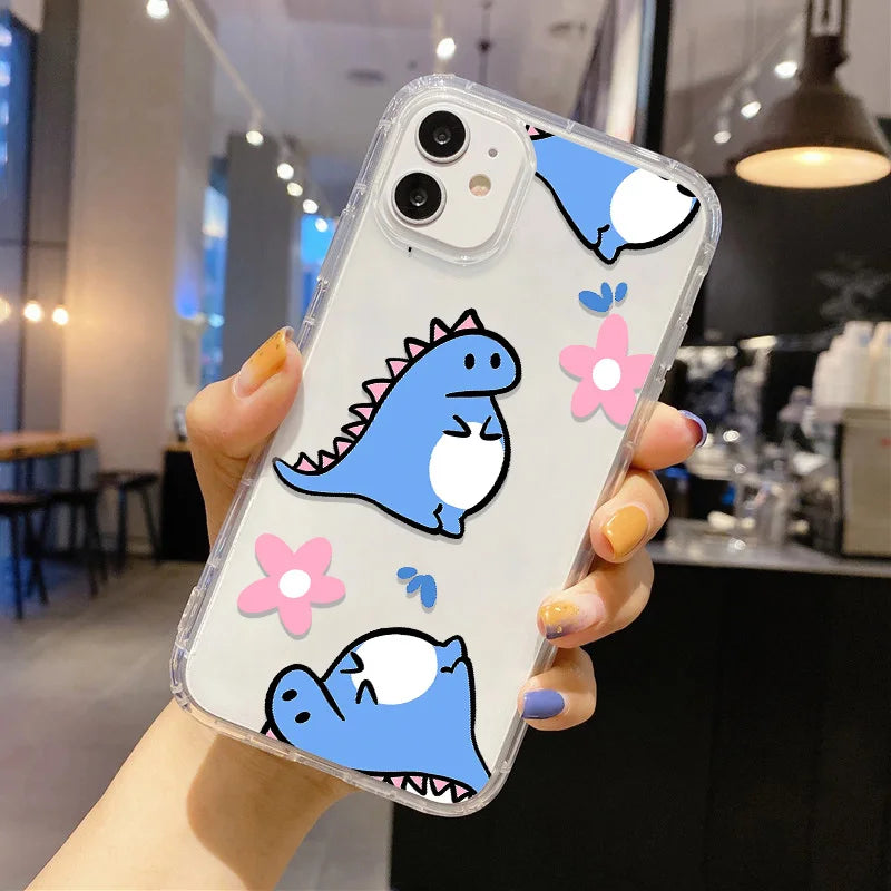 Cute Dinosaur Couple Phone Case – Clear Silicone Cover for iPhone 15 & 16