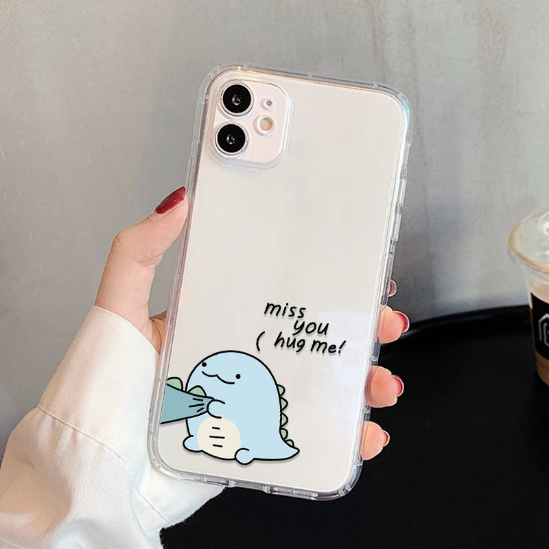 Cute Dinosaur Couple Phone Case – Clear Silicone Cover for iPhone 15 & 16