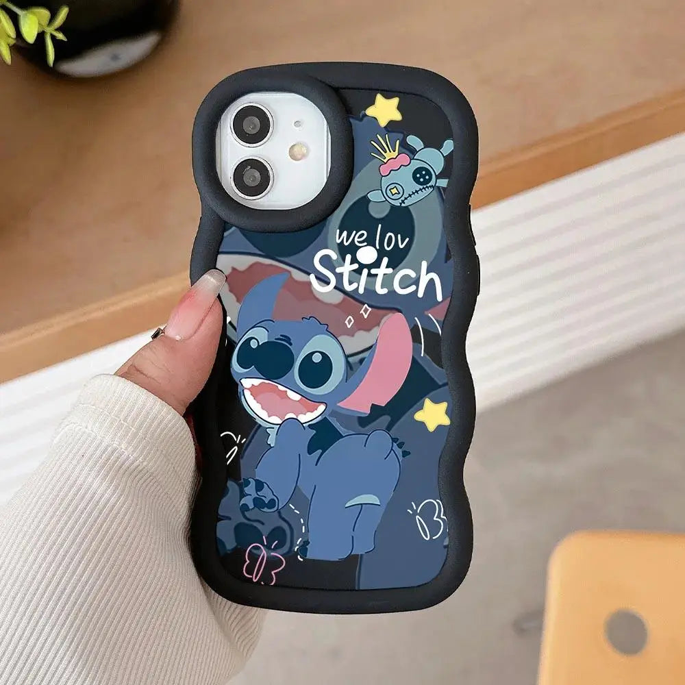 Wavy Edge Couple Case – Cute Blue Cartoon Silicone Cover for iPhone 15 & 16 Series