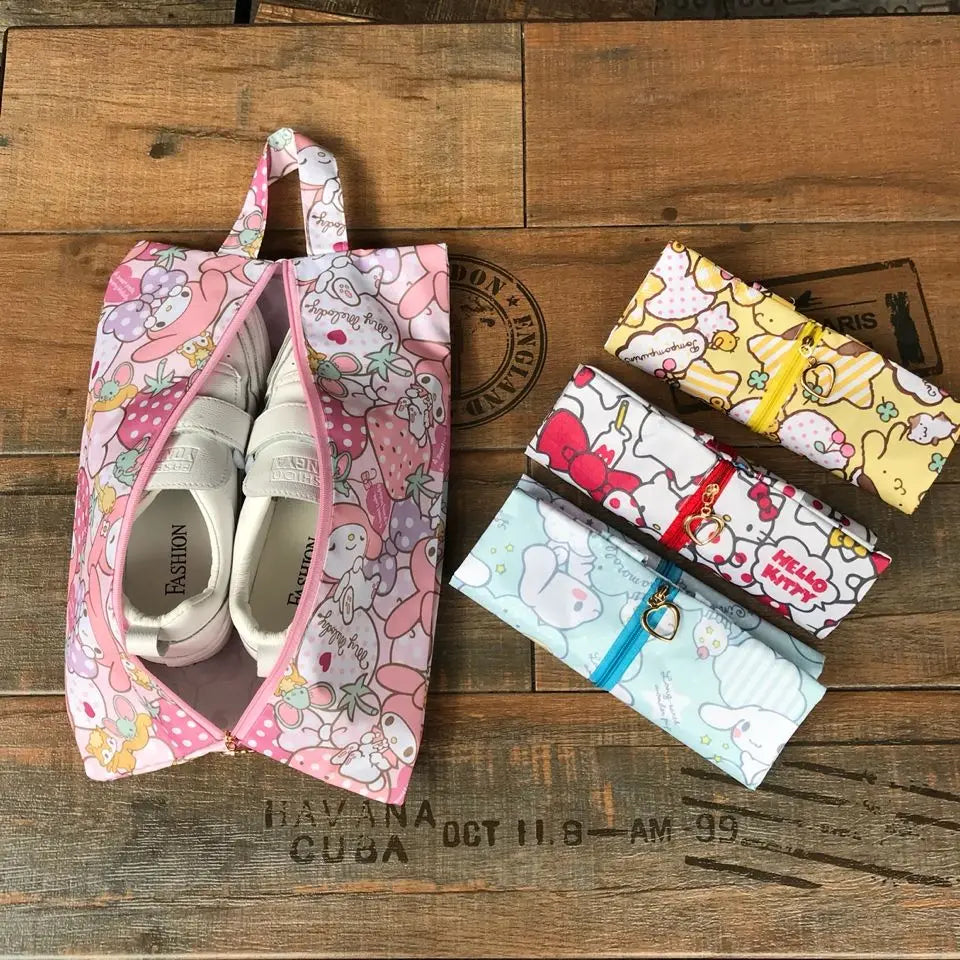 Cute pink cartoon shoe pouch ideal for travel and keeping shoes clean.
