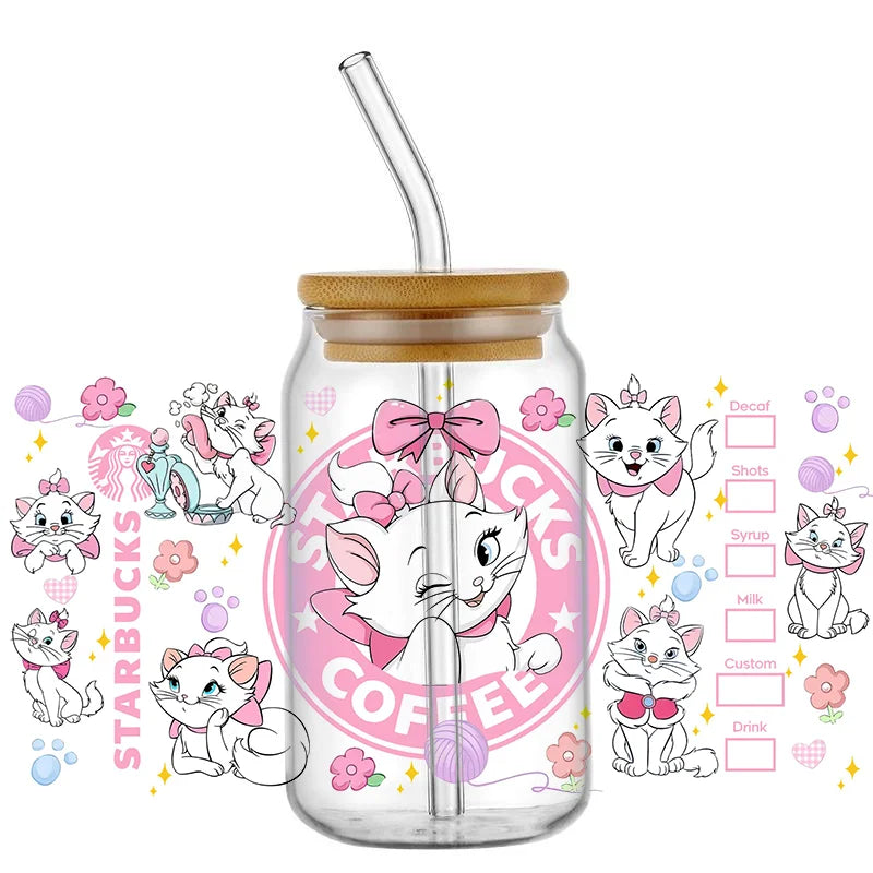 Cute White Cup Wrap – Waterproof UV Transfer Sticker for 16oz Glass