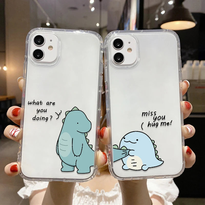 Cute Dinosaur Couple Phone Case – Clear Silicone Cover for iPhone 15 & 16