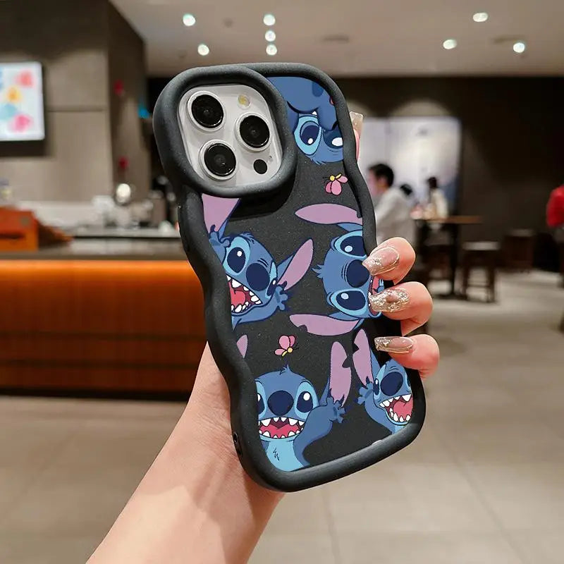 Wavy Edge Couple Case – Cute Blue Cartoon Silicone Cover for iPhone 15 & 16 Series