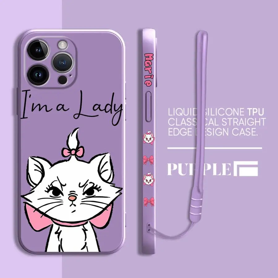 Pink Cartoon Cat Phone Case – Liquid Silicone Cover with Lanyard for iPhone 15 & 16