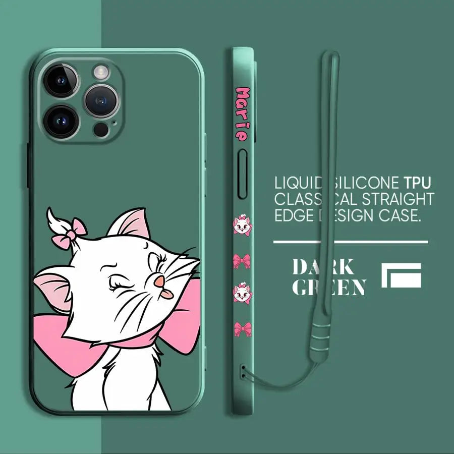 Pink Cartoon Cat Phone Case – Liquid Silicone Cover with Lanyard for iPhone 15 & 16