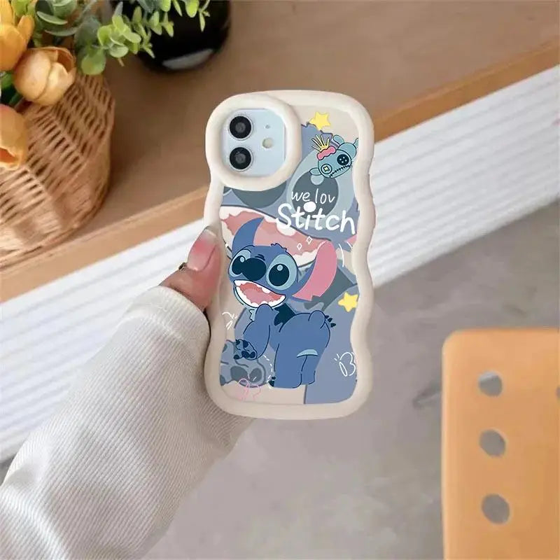 Wavy Edge Couple Case – Cute Blue Cartoon Silicone Cover for iPhone 15 & 16 Series