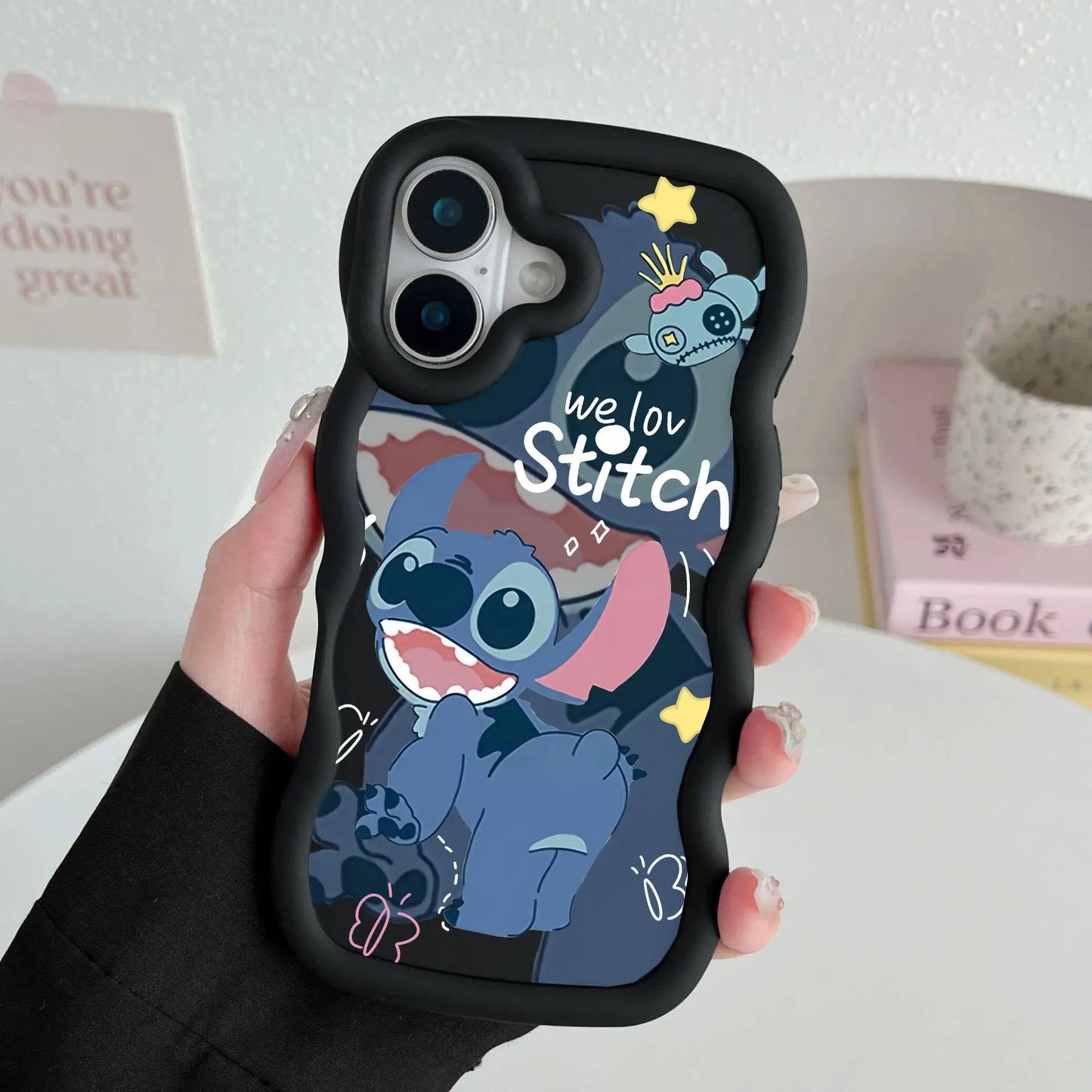 Wavy Edge Couple Case – Cute Blue Cartoon Silicone Cover for iPhone 15 & 16 Series