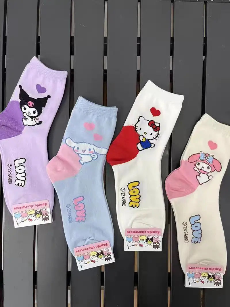 6-Piece Kawaii Cartoon Mid-Tube Socks Set – Soft Cotton Style for Girls