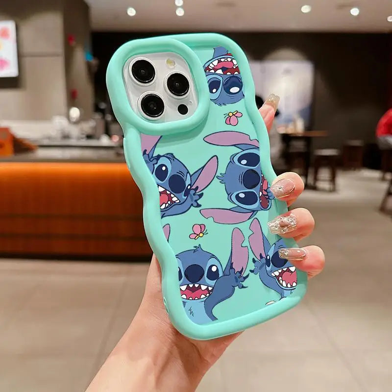 Wavy Edge Couple Case – Cute Blue Cartoon Silicone Cover for iPhone 15 & 16 Series