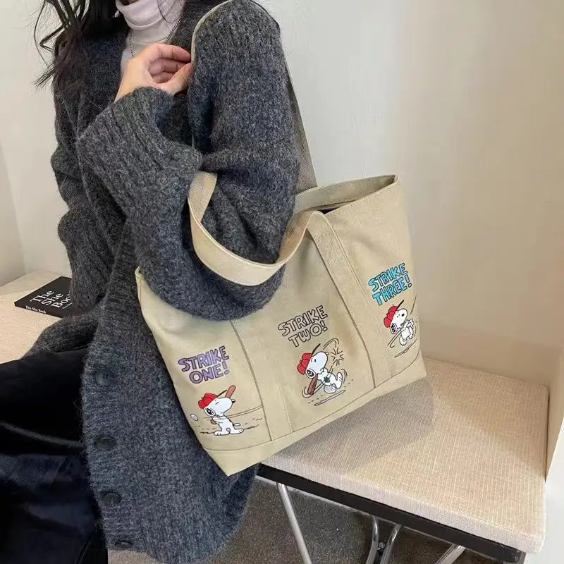 Cartoon Dog Canvas Tote Bag – Cute Durable Zipper Shoulder Bag
