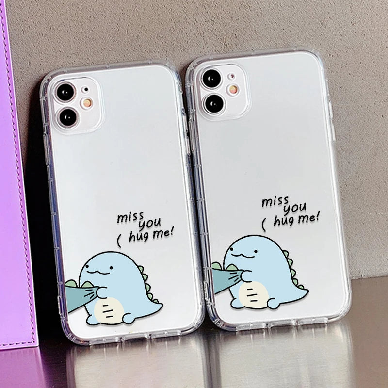 Cute Dinosaur Couple Phone Case – Clear Silicone Cover for iPhone 15 & 16